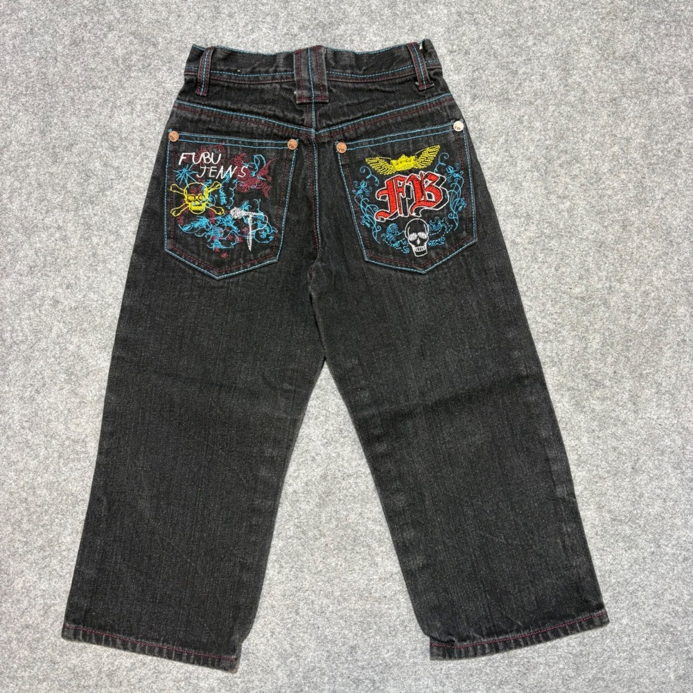 FUBU Jeans Kids Size 5 Black Denim Embroidered Skulls Wings Streetwear Vintage